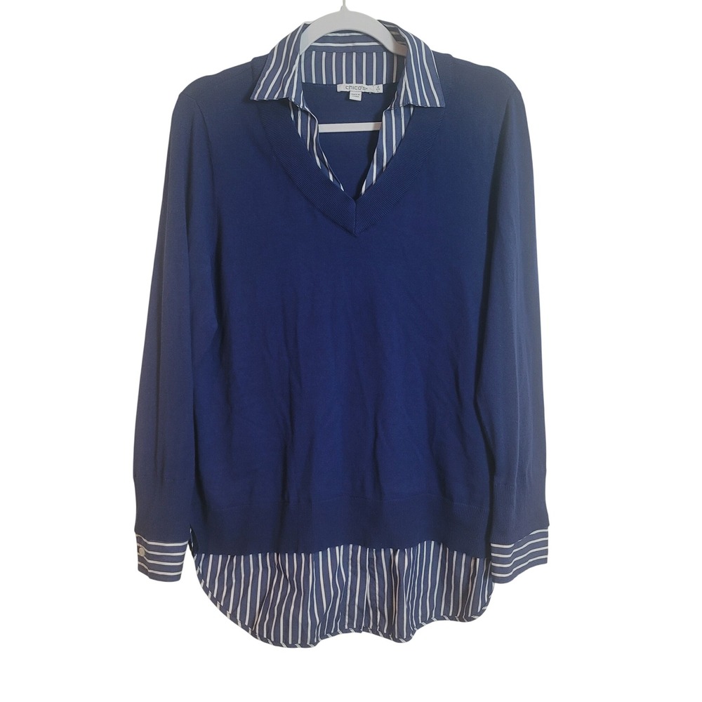 Chicos Blue Layered Look V-Neck Sweater Striped Collared Shirt Size Large Preppy